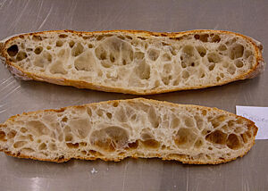 Das Sauerteigbaguette im Anschnitt zeigt die grobporige, elastische Krume.