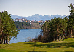 Blick durch eine Baumschneise runter aufs Wasser.