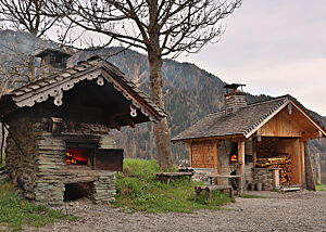 Zwei Holzbacköfen mit lodernden Flammen stehen vor einem waldbewachsenen Bergmassiv.