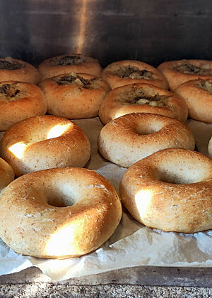 Bagels und Bialys liegen auf Backpapier im Ofen.