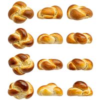 Für das Experiment wurde ein Standard-Zopfteig (Zweistrangzopf) vor dem Backen auf verschiedene Arten “oberflächenbehandelt”. Im Foto abgebildet sind vier verschiedene Zöpfe in der Draufsicht und zwei seitlichen Ansichten. 