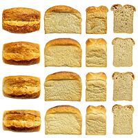 Vier Kastenweißbrote in Vogelperspektive, Seitenansicht und im Anschnitt zeigen ihr unterschiedliches Volumen.