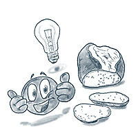 Illustration eines Brotes mit zwei abgeschnittenen Ideen neben einem Smiley, dem ein Licht aufgeht