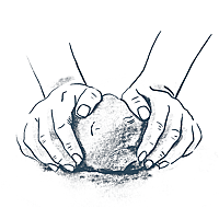 Illustration von zwei Händen, die einen Teigling kneten.