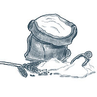 Illustration von Mehl und einer Mehlschaufel, im Hintergrund eine offene Mehltüte