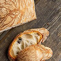 Das Ciabatta im Anschnitt zeigt die grobe Porung der hellen Krume und die dicke, knusprige Kruste.