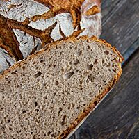 Im Anschnitt zeigt der Bauernlaib die saftige, kleinporige Krume und die dünne Kruste mit rustikalem Ausbund.
