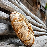 Das rustikal aufgerissene, leicht bemehlte Kärntner Bauernbrot mit Brotgewürz auf der Kruste lehnt an einer rustikalen Holzbank.