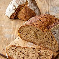 Eine Scheibe des Kartoffel-Walnuss-Brotes zeigt die Walnusskerne in der lockeren Krume.