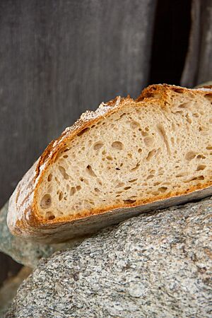Angeschnitten zeigt das Pane Rustico aus weichem Teig seine mittelporige, elastische Krume.