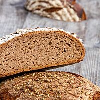 Im Anschnitt zeigt das Roggenbrot mit Gewürzen seine lockere, elastische Krume.
