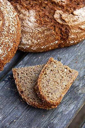 Zwei Scheiben vom Rudi-Reste-Brot zeigen die Saaten in der kleinporigen, elastischen Krume.