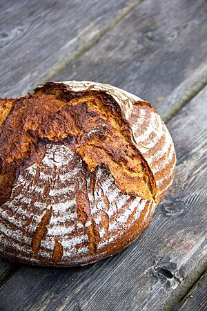 Das kräftig ausgebackene, rustikal aufgerissene Mischbrot mit leicht bemehlter Kruste liegt auf einem Holztisch.