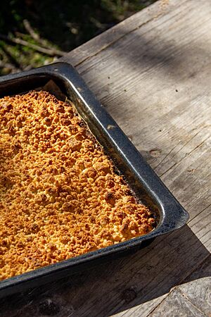 Der goldgelb ausgebackene Sauerteigkuchen mit Streuseln auf der Oberfläche liegt in einem Backblech auf einem rustikalen Holztisch.
