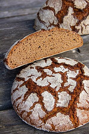 Die kleinporige Krume des Roggenbrotes ist umgeben von der krossen Kruste.