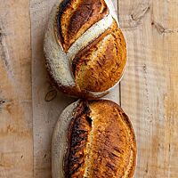 Zwei rustikal aufgerissene Brotlaibe stehen auf einem Ziegelstein, lehnend an einer Holzwand. Das obere ist zweimal spitzwinklig zur Längsachse eingeschnitten, das untere der Länge nach mittig.