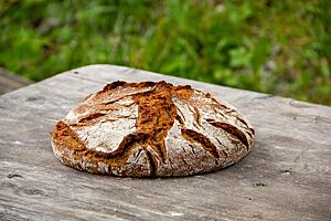 Ein flaches, rundes Mischbrot mit rustikal aufgerissener, bemehlter Kruste liegt auf einem Holztisch.