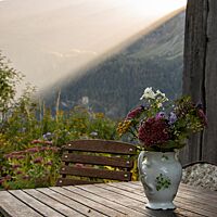 Die paarweise aneinandergebackenen Vollkorn-Vinschgauer liegt auf einem Holztisch neben einem Blumenstrauß inmitten eines Bergpanoramas.