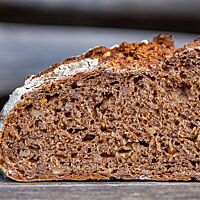 Im Anschnitt zeigt das Vollkornbrot die ganzen Getreidekörner in der saftigen Krume.