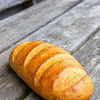 Das Dinkel-Weißbrot wurde als länglicher Laib geformt mit parallelen Querschnitten in der goldgelben Kruste.