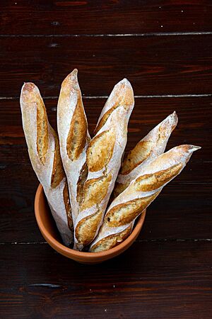 Mehrere Baguettes stehen aufrecht in einem Terrakottatopf.