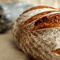 Ein kräftig ausgebackenes, rustikal aufgerissenes Mischbrot mit leicht bemehlter Kruste liegt auf einem Leinentuch.