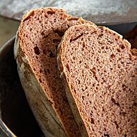 Im Anschnitt zeigt sich das Rotkornbrot mit kleinporiger, lockerer und weinrot-bräunlicher Krume.