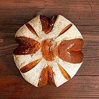 Das kräftig ausgebackene Weizenmischbrot hat eine bemehlte und mehrfach eingeschnittene Kruste.