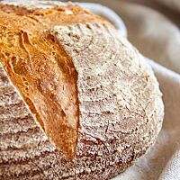 Das Bauernbrot hat eine gefensterte Kruste und seine Einschnitte haben sich weit geöffnet.