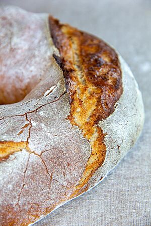 Das goldbraun ausgebackene Bündner Roggenbrot hat eine bemehlte und rustikal aufgerissene Kruste.