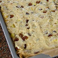 Auf einem Kuchenblech liegt ungebackener Stollenteig mit gut sichtbaren Kartoffelstückchen und Sultaninen.
