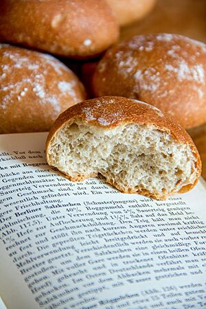 Ein auseinandergebrochenes Weizenmischbrötchen zeigt die luftige, lockere Krume umgeben von der knusprigen Kruste.
