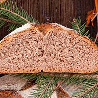Der Anschnitt des Weihnachtsbrotes zeigt seine lockere, elastische und rötlich gefärbte Krume.