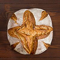 Das kräftig ausgebackene Kartoffelbrot mit bemehlter Kruste ist auf der Oberfläche kreuzförmig eingeschnitten.