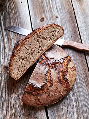 Das Bauernbrot als freigeschobener Laib zeigt angeschnitten seine lockere, elastische Krume und die glänzende, rustikal aufgerissene Kruste.
