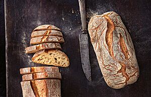 Unter der bemehlten Kruste des Ciabatta verbirgt sich die charakteristische grobporige, luftig-lockere Krume.