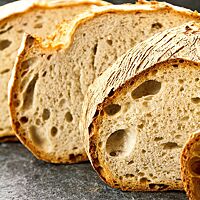 In der „no knead“-Variante des Dinkelmischbrotes sind in der kleinporigen, lockeren Krume einige mittlere Poren zu sehen.