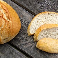 Das Weiße Brot zeigt im Anschnitt die lockere, fluffige Krume umhüllt von einer dünnen, gefensterten Kruste.