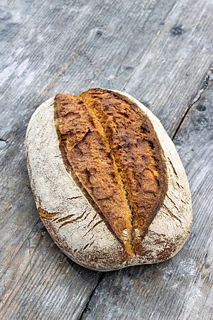 Das goldbraun ausgebackene Dinkelmischbrot mit bemehlter Kruste liegt auf einem rustikalen Holztisch.