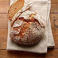 Der knusprige, aufgerissene Laib des Möhrenbrotes hat eine fluffige Krume mit deutlich sichtbaren Möhrenstückchen.