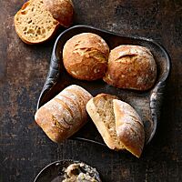Während die Krume der rechteckig geformten Griebenschmalzbrötchen (unten) kleinporig ist, weisen die runden Bürli (oben) eine mittelporige Krume auf.