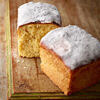 Die in einer Kastenform gebackene Dinkelbrioche hat eine gelblich gefärbte, wattige Krume und eine dünne Kruste, die dick mit Puderzucker bestreut ist.