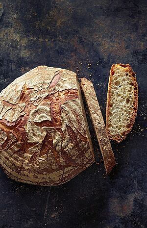 Das Pizzabrot hat eine kräftig ausgebackene, rustikal aufgerissene Kruste mit ringförmigen Mehlspuren auf der Oberfläche und eine lockere, mittelporige Krume.