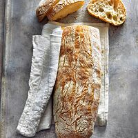 Das goldgelb ausgebackene Ciabatta mit glatter, leicht bemehlter Kruste hat eine mittel- bis grobporige, elastische Krume.