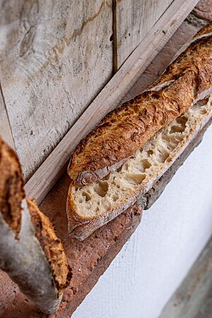 Im aufgeschnittenen Baguette wird die wilde, grobe Porung sichtbar.