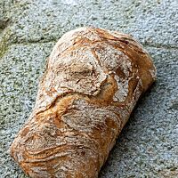 Ein längliches Ciabatta mit bemehlter Kruste liegt auf einem großen, grauen Stein.