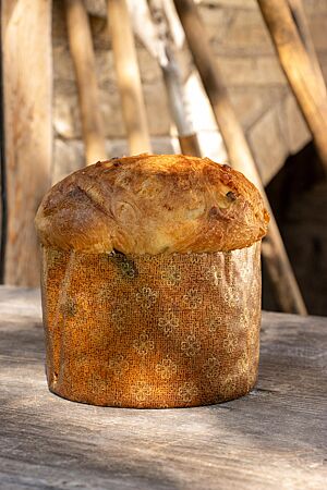 Ein goldbraun ausgebackener Panettone steht auf einem rustikalen Holztisch.