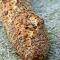 Ein goldbraun ausgebackenes Stangenbrot mit Saaten auf der Oberfläche liegt auf einem grau-grünen Stein.