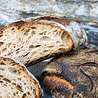 Die Krume des Sylter Weißbrotes ist hell und sehr grobporig, während die Kruste dick und fast schon schwarz ausgebacken wurde.