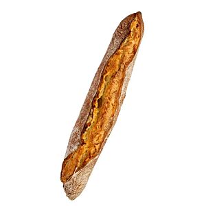 Das kräftig ausgebackene Baguette hat eine rustikal aufgerissene Kruste.